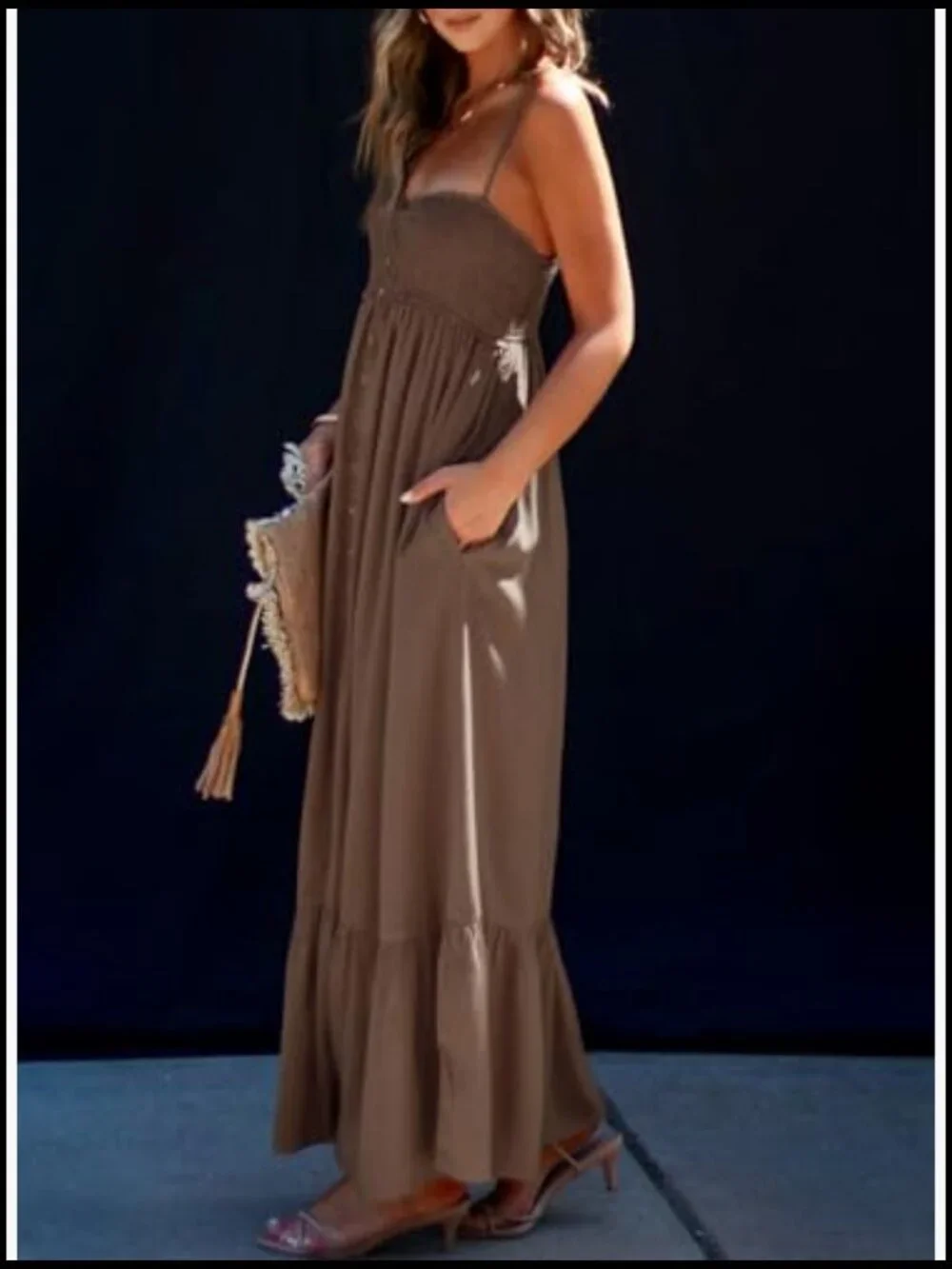 Sleeveless Spaghetti Strap Smocked Maxi Dress with Pockets - Picture 3 of 7